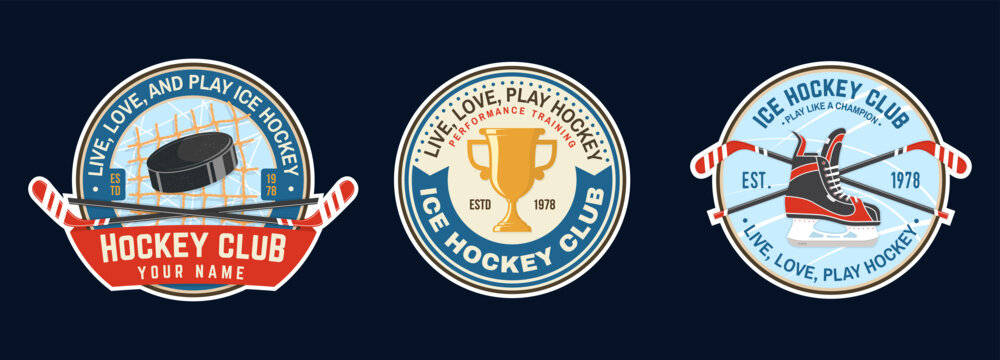 Retro Ice Hockey Club Sticker Collection with Hockey Players, Pucks, Crossed Hockey Sticks and Vintage Team Badges, Classic Winter Sports Emblems and Athletic Graphics for Apparel