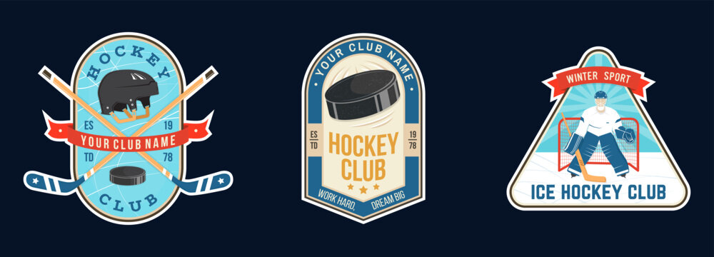 Vintage Ice Hockey Club Sticker Collection with Hockey Puck, Crossed Sticks and Goalie Designs, Retro Team Badges, Winter Sports Emblems and Classic Athletic Graphics for Hockey Branding