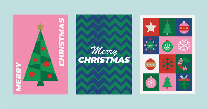 Flat geometric Merry Christmas greeting card vector collection set featuring minimalist tree snowflake star ornament pattern design