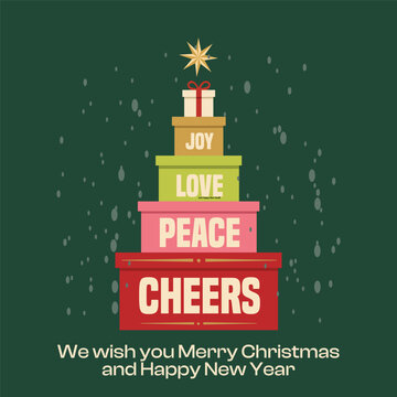 Merry Christmas and Happy New Year greeting card banner vector design with stacked gift boxes forming a christmas tree