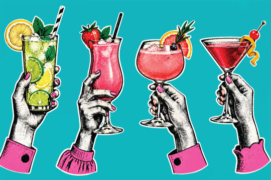 Retro Pop Art Cocktail Hands with Colorful Drinks, Vintage Halftone Vector Illustration