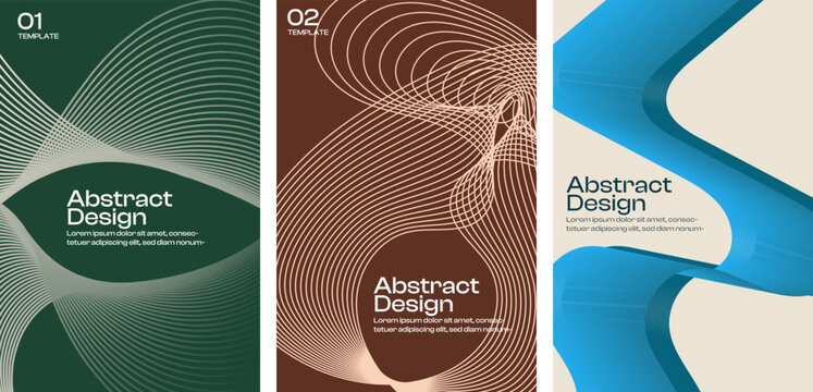 Abstract geometric wave line poster layout template set featuring modern 3D dynamic fluid background design