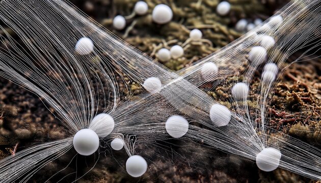 white mycelium network spreading over dark forest soil and organic matter