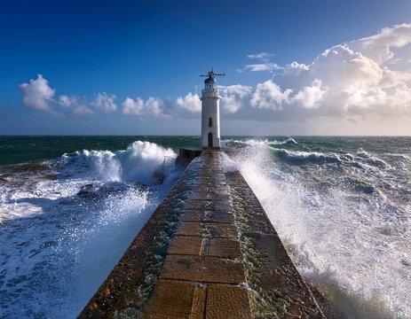 a lighthouse stands firm as colossal waves crash against a stone pier during a violent storm at sea