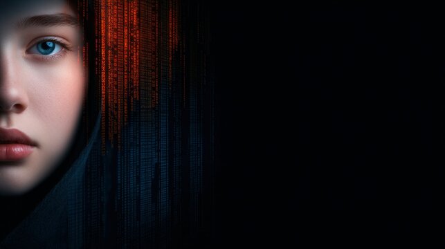 A close-up of a young woman's face with blue eyes and red lips, partially obscured by red and blue digital code on a dark background.