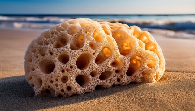 macro close up of a natural sea sponge texture on a sandy beach shoreline
