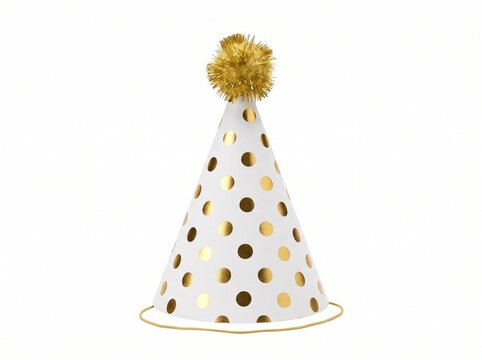 Party hat with gold polka dots and a pompom isolated on white background
