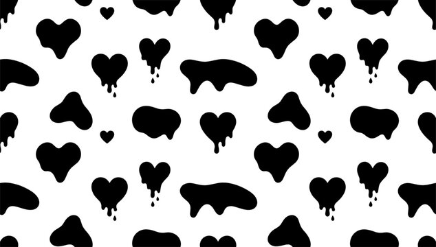 Dripping Melting Heart Seamless Pattern Vector Background with Cow Print Fluid Blob Elements for Retro Y2K Gothic Streetwear Fashion Fabric Designs