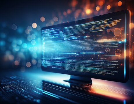 abstract software source code on computer screen with bokeh effect programming script data background cyber security and information technology banner
