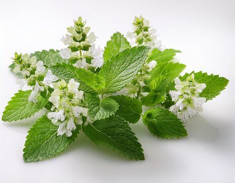 flowering lemon balm fresh herb sprigs on white background