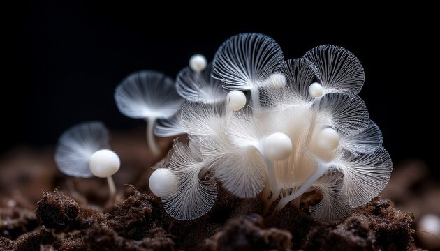 macro close up of white mycelium fungal network growing on dark soil