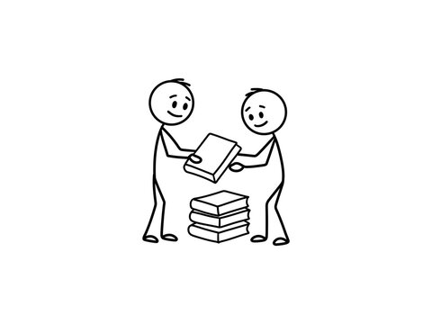 Hand drawn stick figures passing books to each other with a stack of books on the floor on transparent background. For education, knowledge sharing, studying, library, and charity book donation.