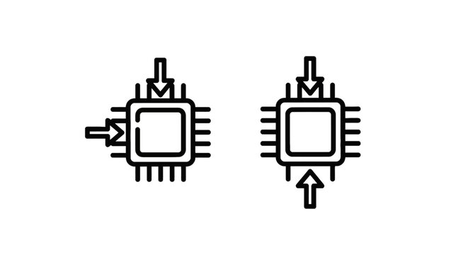 Computer microprocessor icon set with data input and processing flow symbols computer chip electronic component integrated circuit direction arrow