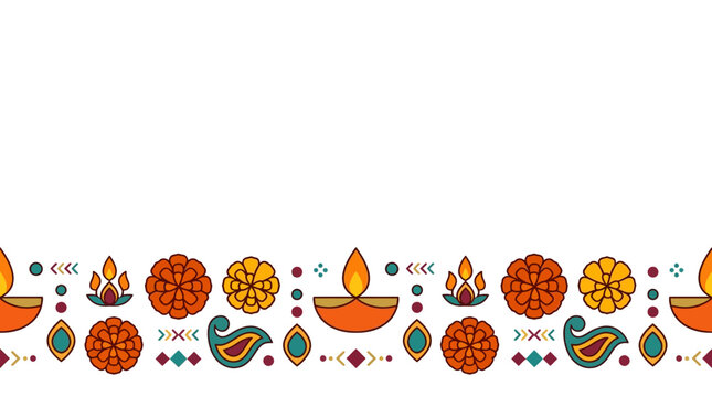 Diwali festive border with diya lamps and marigold flowers with copy space