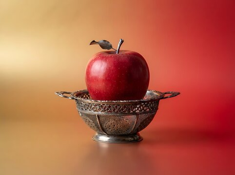 Red apple in ornate metal bowl with bird perched on top for autumn harvest celebration