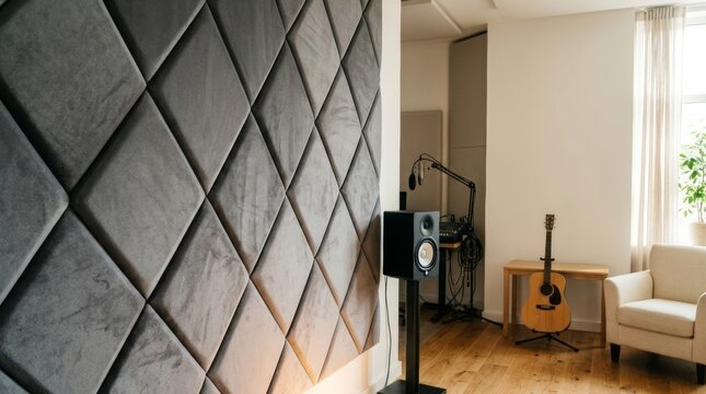 Diamond acoustic wall panels in a modern recording studio, eye-level shot with natural daylight, guitar and speaker visible