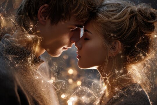Couple sharing a tender moment illuminated by sparkling lights at dusk