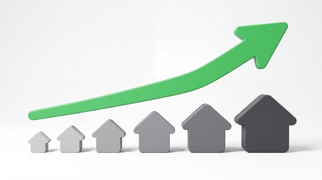 A row of growing gray model houses with a large green upward arrow showing real estate market growth and housing price increase.