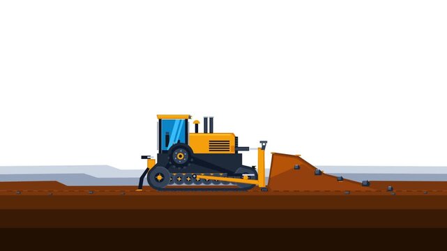 Vector Illustration of a Yellow Bulldozer Pushing Soil on a Construction Site