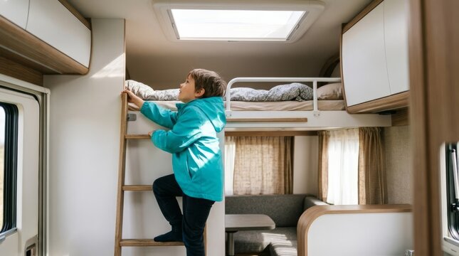 Boy climbing ladder to upper bunk bed in modern motorhome interior, bright daylight, lifestyle travel concept