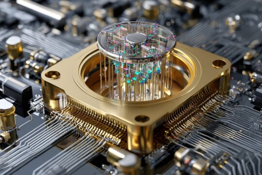 Cutting-edge quantum computer technology showcased on intricate circuit board background