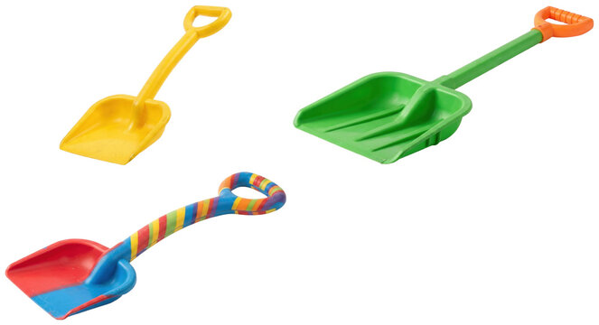 A playful set of colorful plastic toy snow shovels in different shapes and colors for children's winter play.