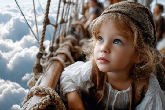 Young child gazes in wonder from a wooden ship sailing through fluffy clouds