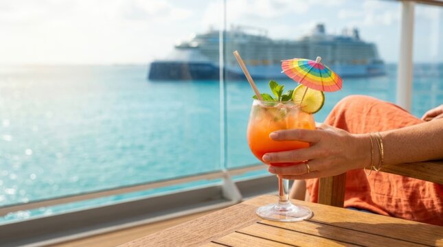 Hand holding tropical cocktail on cruise ship deck with ocean and cruise ship blurred in background