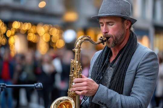 Saxophonist performs on a lively street during an evening event with festive lights