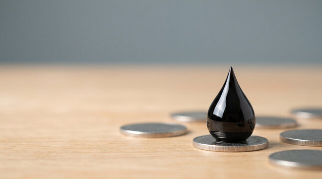 Glossy crude oil drop on coin macro, petroleum cost concept