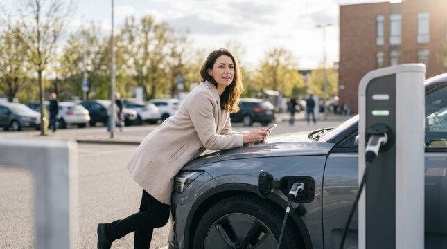 Woman charging electric car at outdoor station, holding phone, clean urban environment, sustainable lifestyle