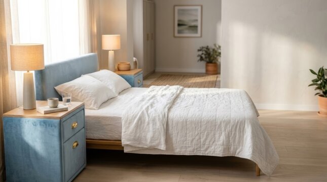 Powder blue velvet bedside tables with brass hardware flank a minimalist bed with white linens in a bright, airy bedroom with natural light.