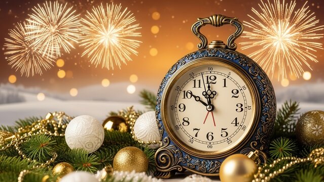 New Year Countdown. Antique clock showing midnight, golden fireworks and Christmas ornaments, festive holiday celebration background for seasonal greeting cards.
