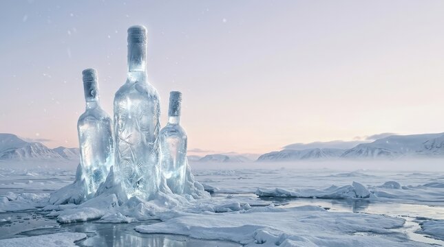 Three ice-sculpted glass bottles standing on a frozen arctic landscape with snowy mountains in the background for beverage branding and winter refreshment concepts