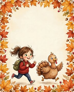 Girl running with a turkey in an autumn maple leaf frame, seasonal holiday greeting card background, festive November celebration invitation template