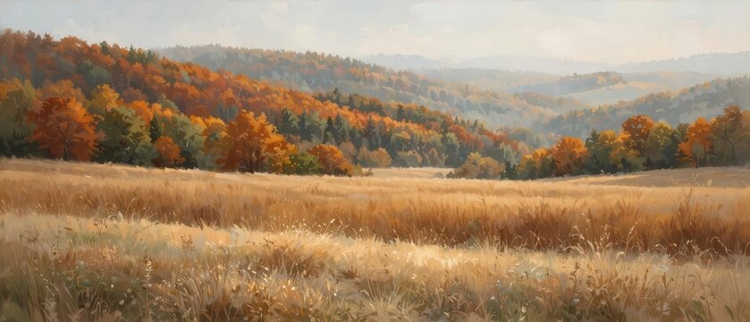 Autumn Golden Meadow. Panoramic landscape of a sunlit field with rolling hills and vibrant fall foliage, atmospheric seasonal background for nature