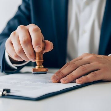 Business professional using a stamp on official paperwork at desk
