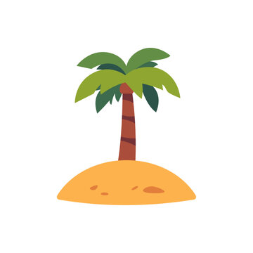 Small island icon with palm tree and sand, flat illustration