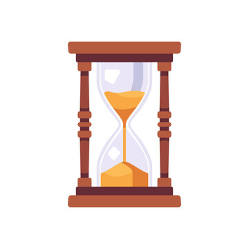 Hourglass icon with wooden frame and falling sand, flat illustration