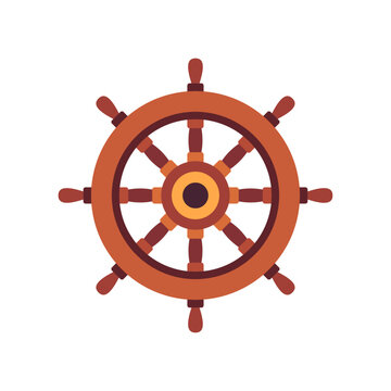 Ship wheel icon with wooden spokes and round hub, flat illustration