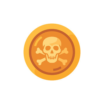 Pirate doubloon icon with skull symbol, flat illustration