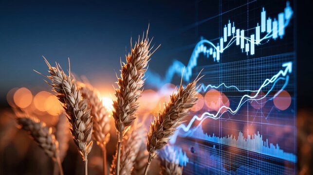 Golden wheat ears with glowing bokeh and rising financial charts symbolizing agricultural growth and market trends at dusk