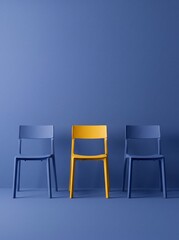 Obraz premium Single yellow plastic chair standing out between two blue chairs against blue wall.
