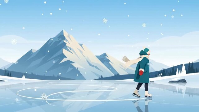woman figure ice skating on frozen lake against snowy mountain peaks and landscape. winter outdoor recreation, leisure travel, snowfall, flat illustration