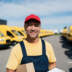 Fototapeta na wymiar Delivery van driver portrait in yellow fleet holding package and clipboard for courier service website banner and marketing materials
