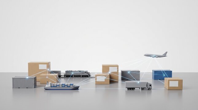 Global logistics network connecting freight transport with cardboard