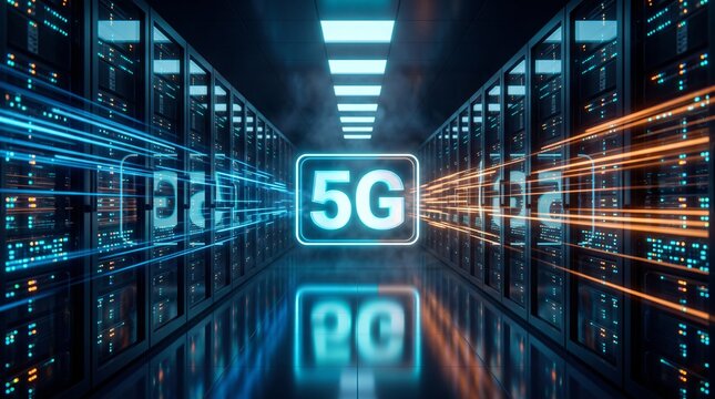 High speed 5g data transmission and fiber optic connection inside a modern server room with network connection digital network modern technology information technology 5g network technology