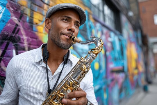 Musician plays saxophone in front of vibrant urban graffiti during a sunny afternoon