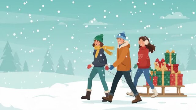 caucasian friends in winter clothes walking in snowy park pulling sled full of gift boxes. flat cartoon style animation. christmas greeting card, holiday