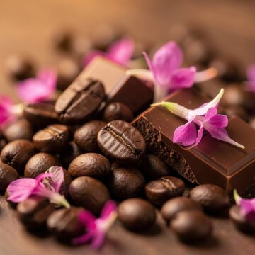 rich dark chocolate squares nestled among roasted coffee beans and delicate pink blossoms on wooden background